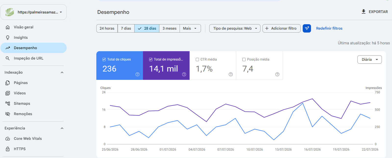 Google Search Console Palmeiras Amazon — 236 cliques, 14,1 mil impressões